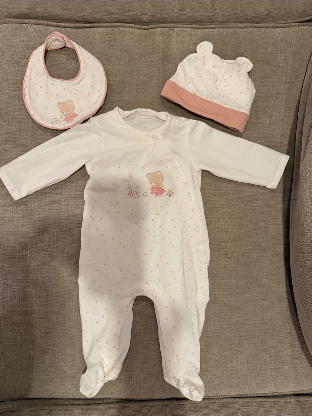 Mayoral White Footed One-Piece with Pink Accents, Hat & Bib